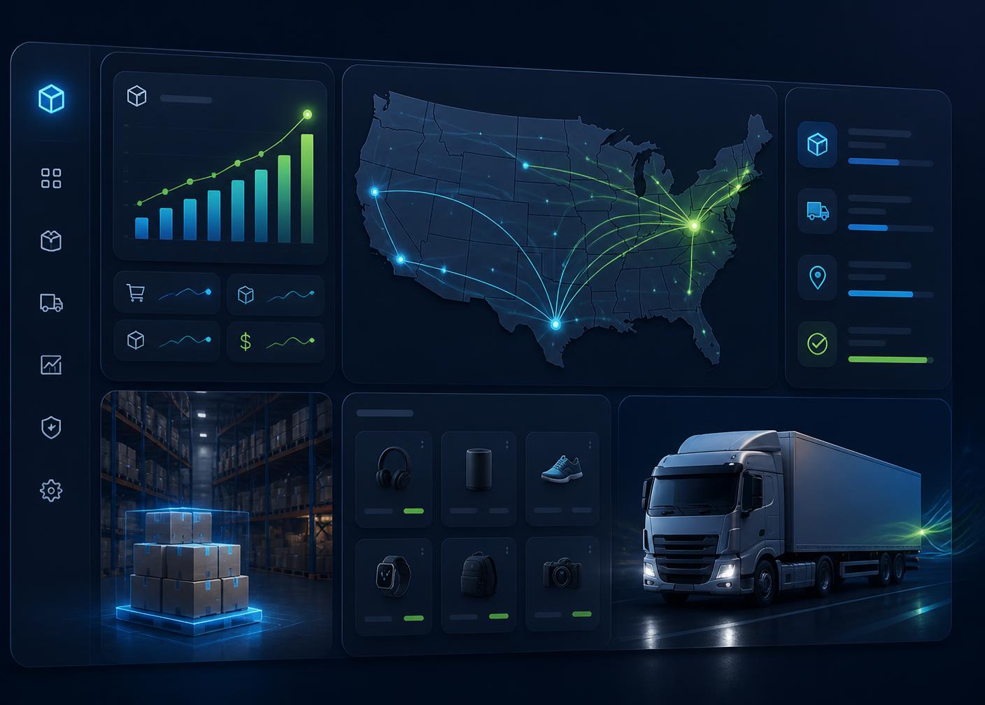 Direct Vectis BD warehouse dashboard showing US shipping routes, live order analytics, and same-day fulfillment